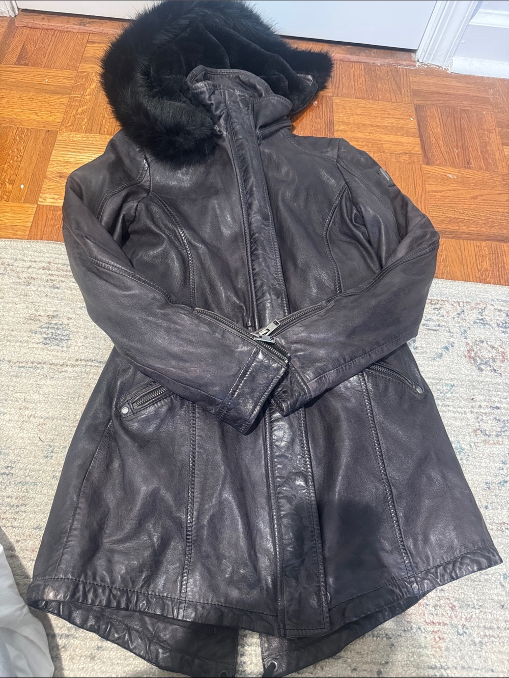 Mauritus Women's Black Leather Hooded Coat with Fur Trim
